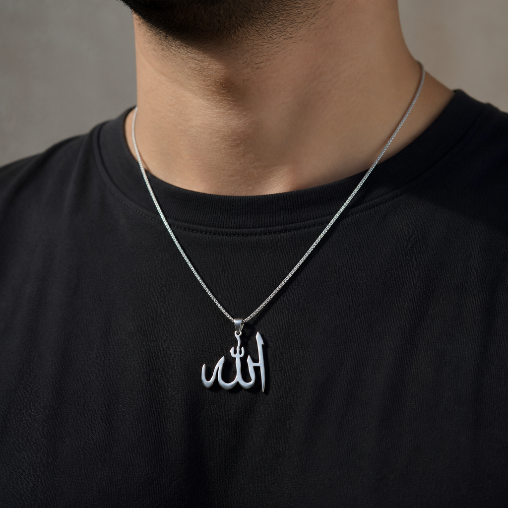 collier allah homme argent porté pendentif nom d'allah