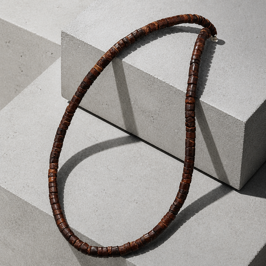 collier bois homme perles de coco marron uni naturel