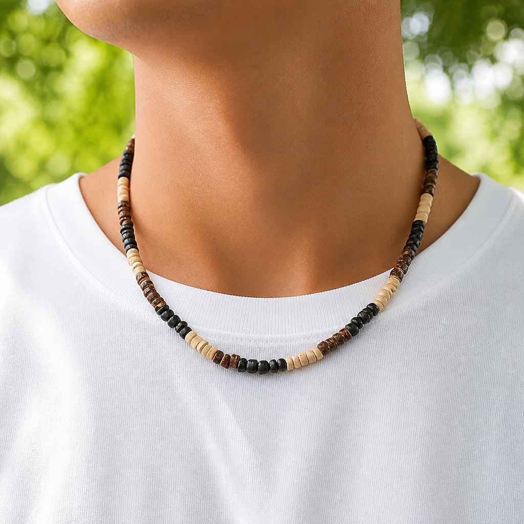 collier bois homme porté perles de coco tricolore