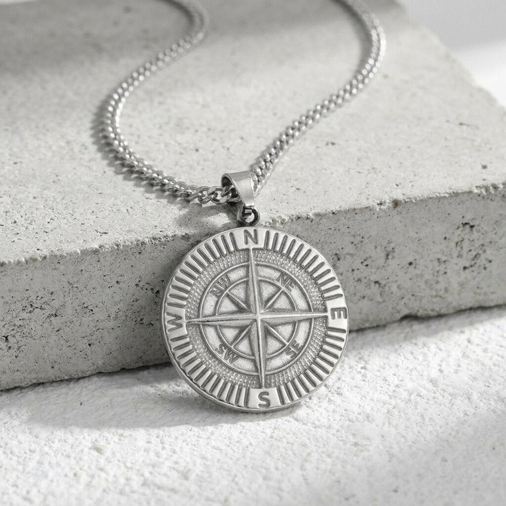 collier boussole homme argent pendentif acier