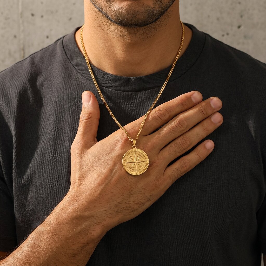 collier boussole or homme pendentif acier signification