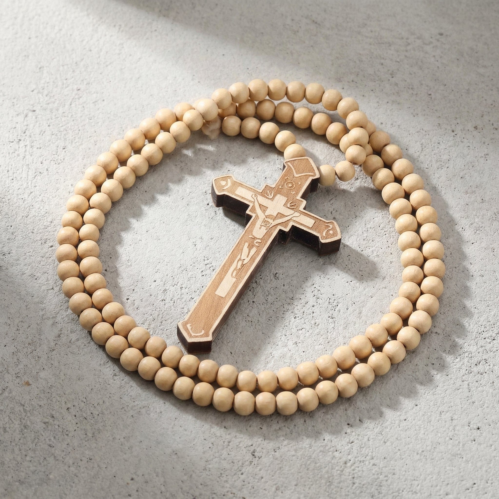 Collier Chapelet Homme Pendentif Croix Bois Sculpté
