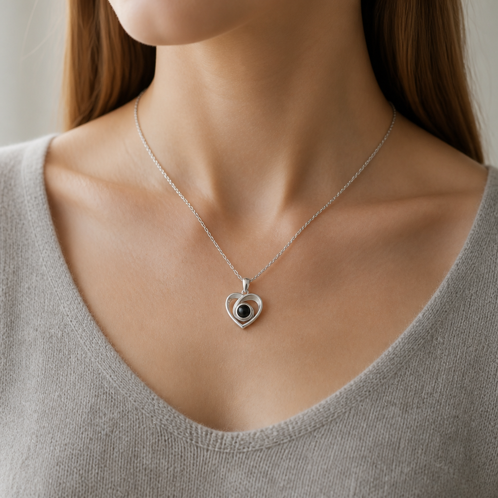 Collier cœur ajouré photo projection argent porté avec un pull gris