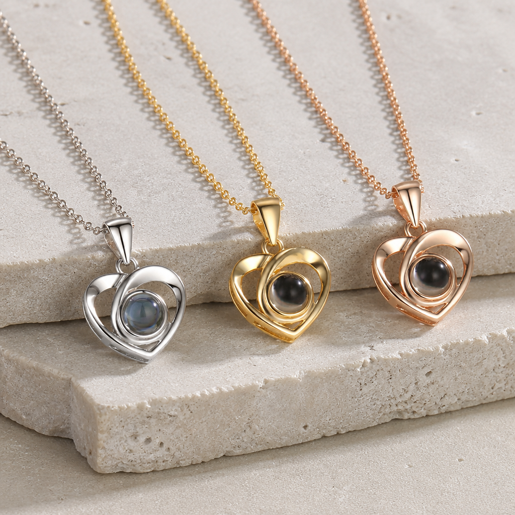 Collier cœur personnalisé photo, pendentif projection finitions argent, or et or rose