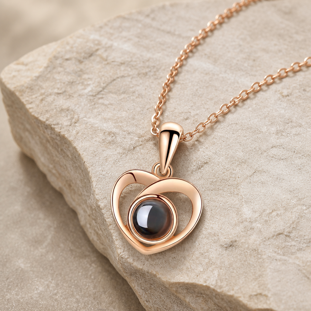 Collier cœur personnalisé photo, pendentif projection finition or rose