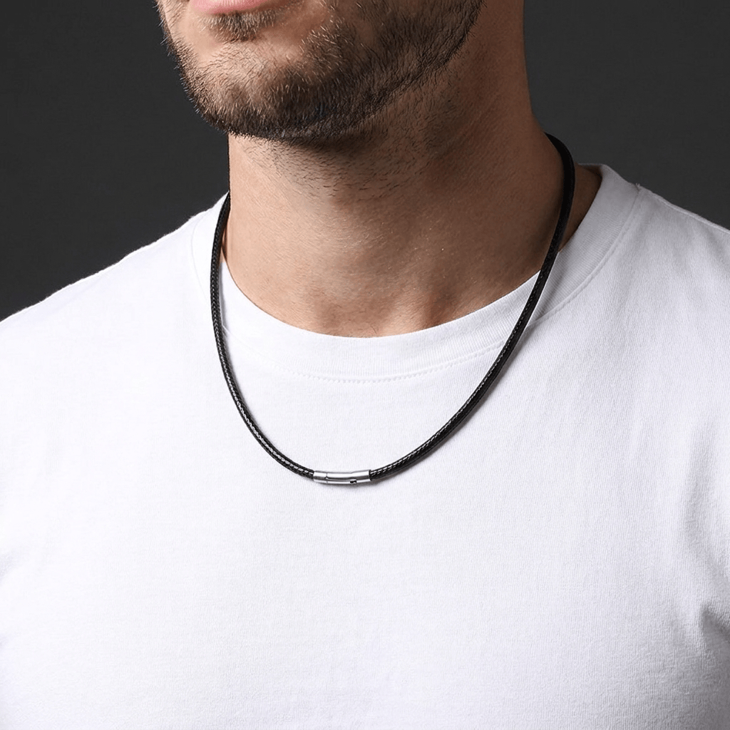 cordon collier homme acier inoxydable fermoir clip