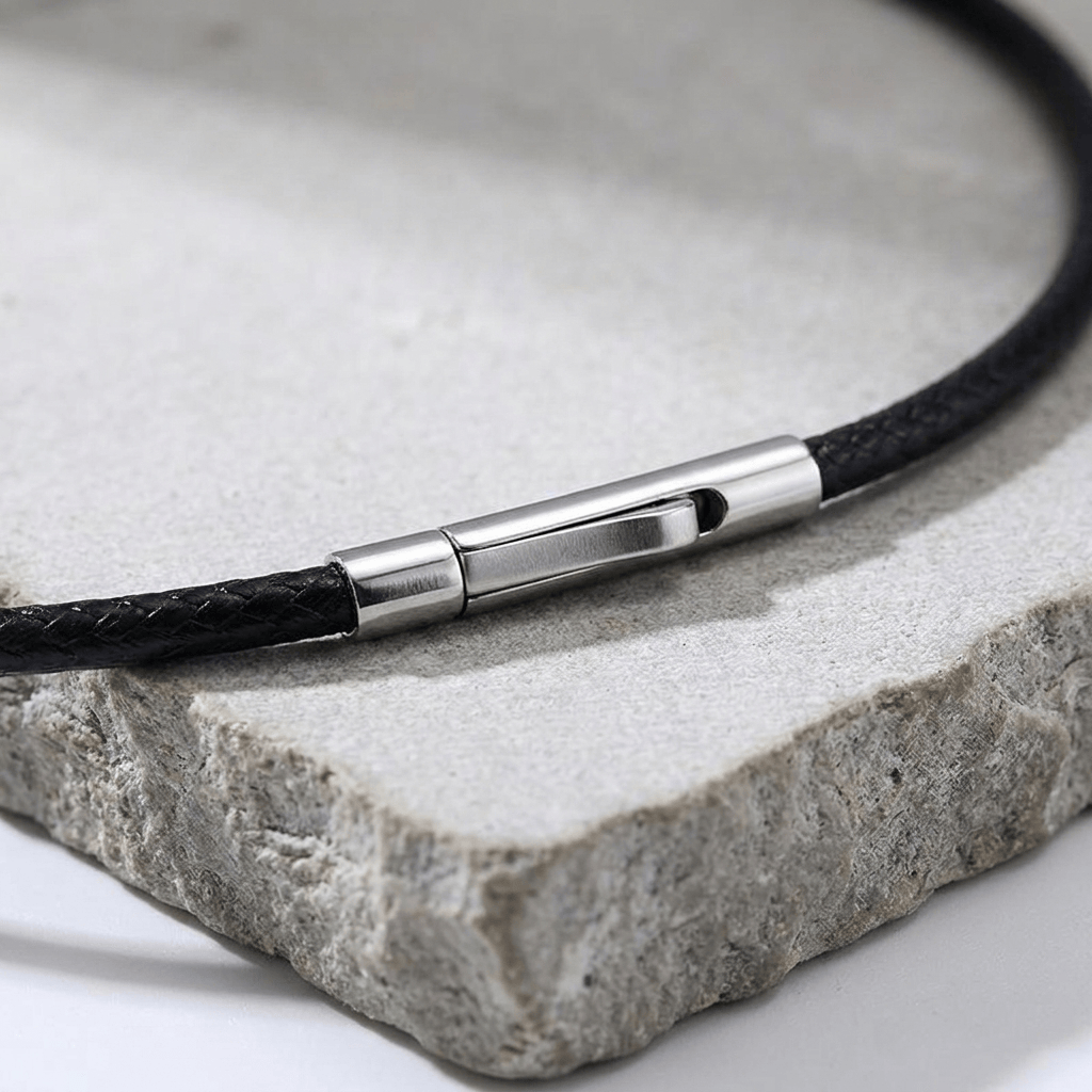 collier cordon noir homme acier inoxydable