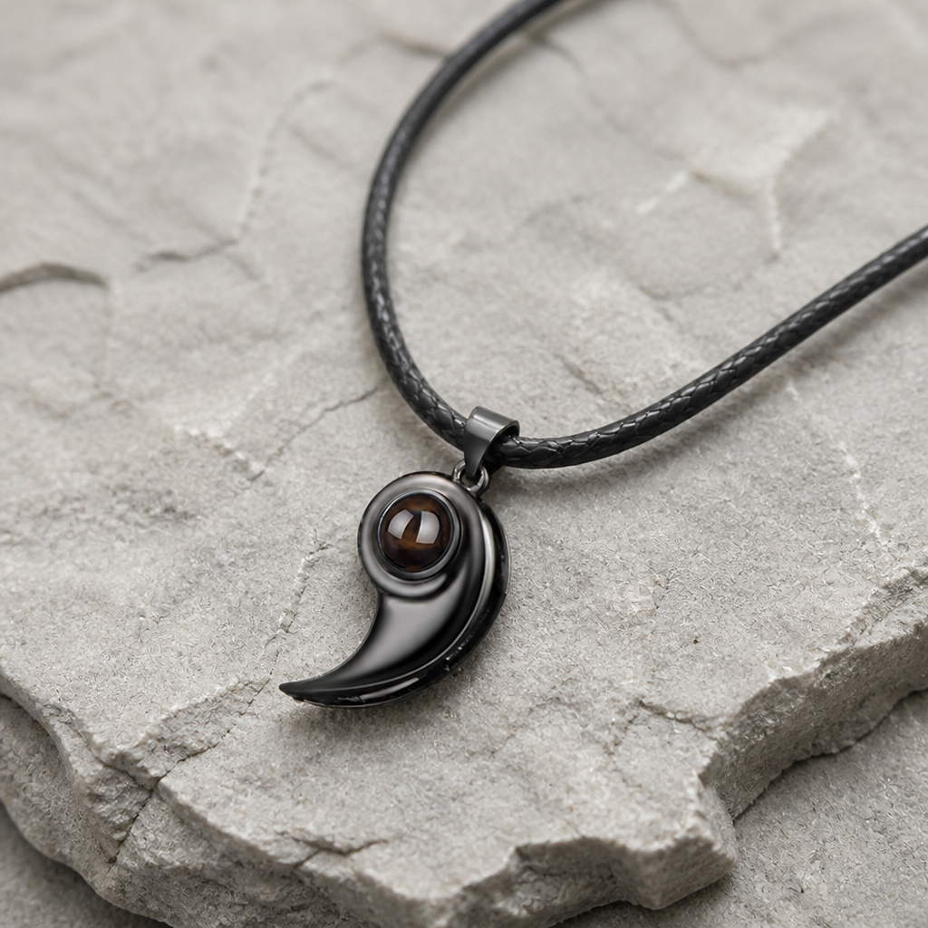 Demi-cœur noir du collier couple photo, sur cordon