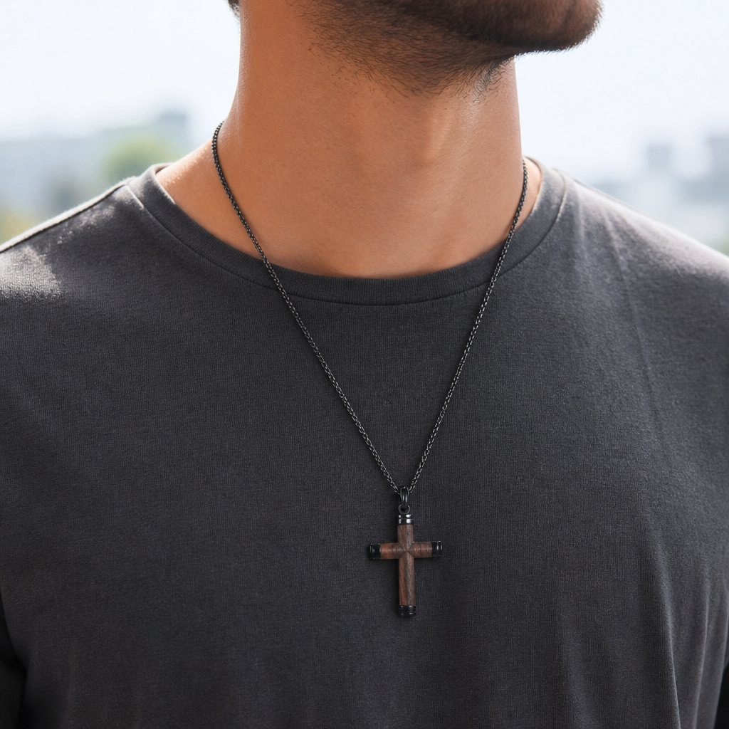 collier croix bois homme porté pendentif noir