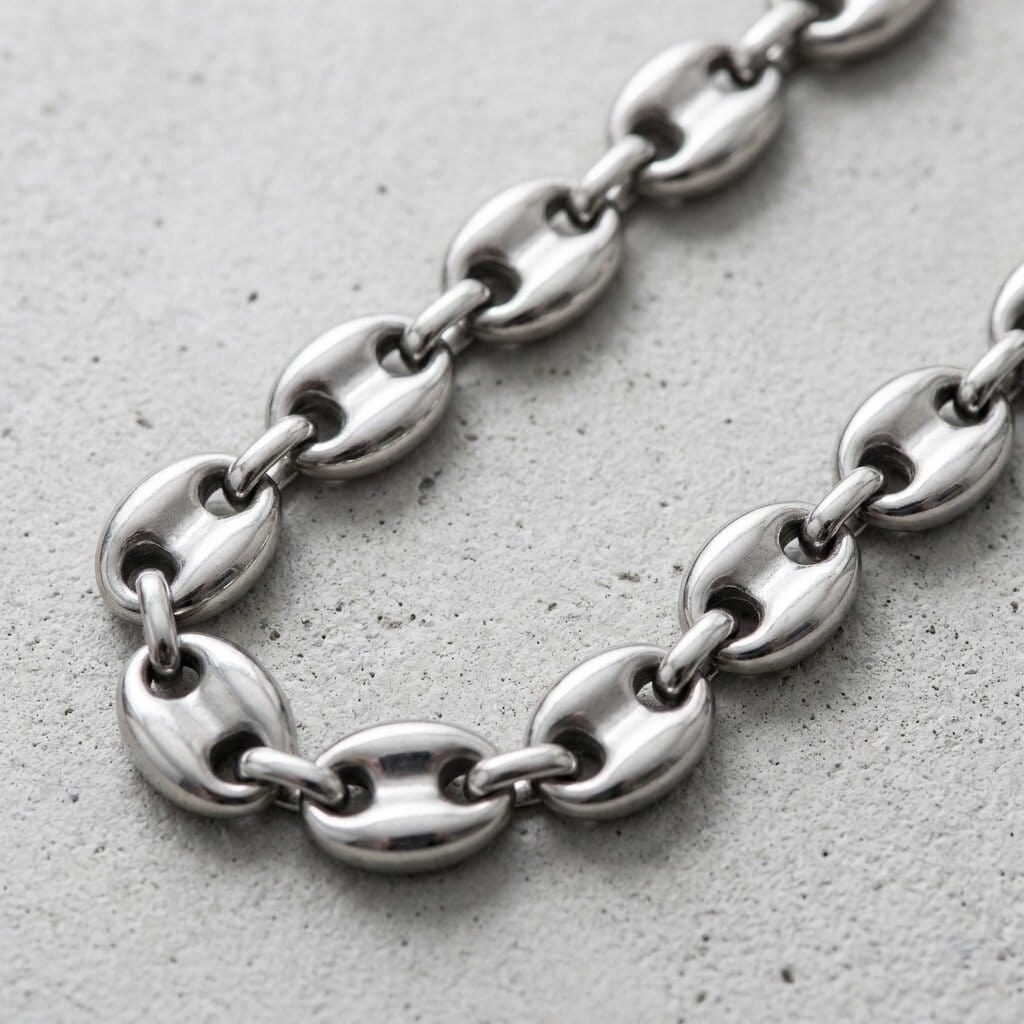 collier chaine homme grain de café acier inoxydable argent