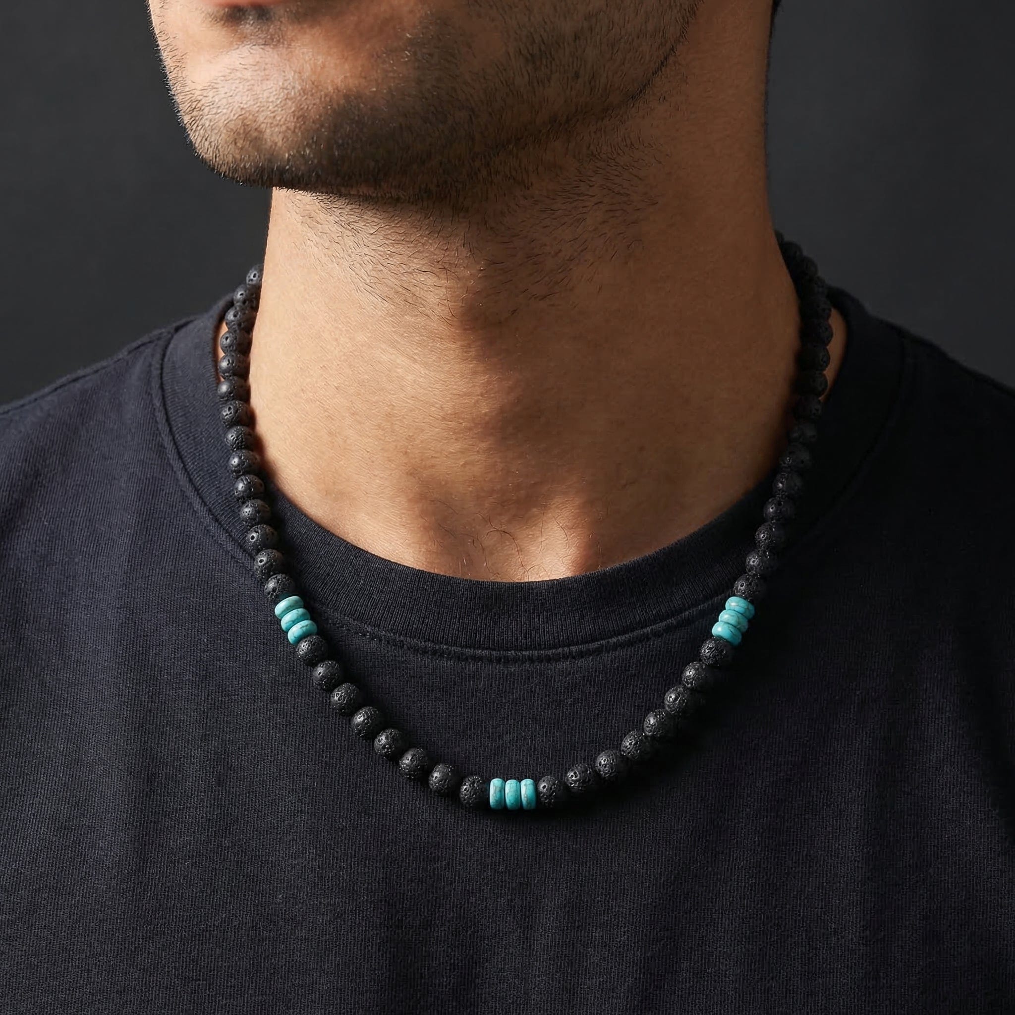 collier homme pierre lave acier 