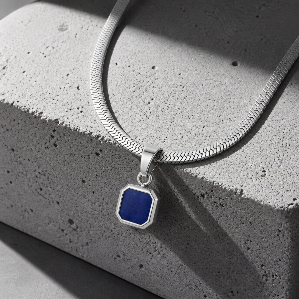 collier homme pendentif lapis lazuli bleu chaîne plate argent
