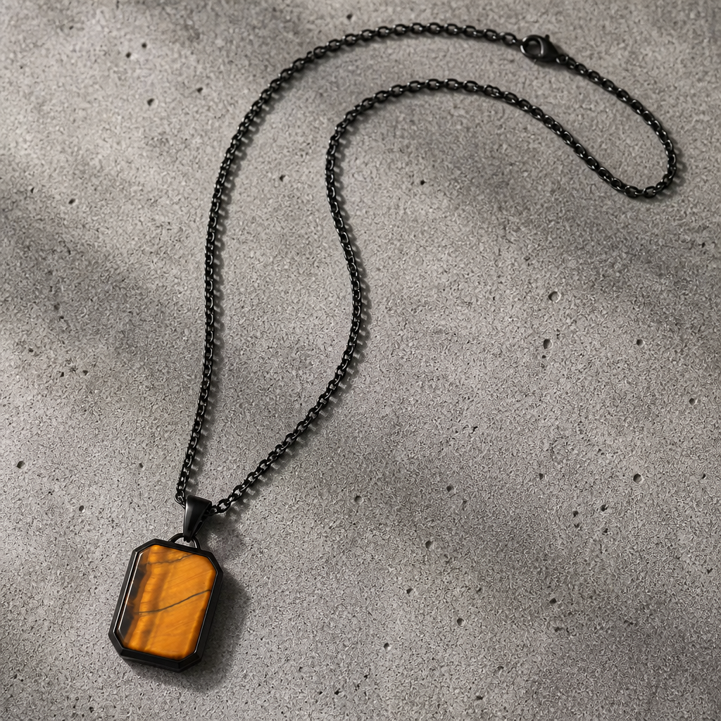 collier homme pendentif œil de tigre pierre naturelle chaîne noire