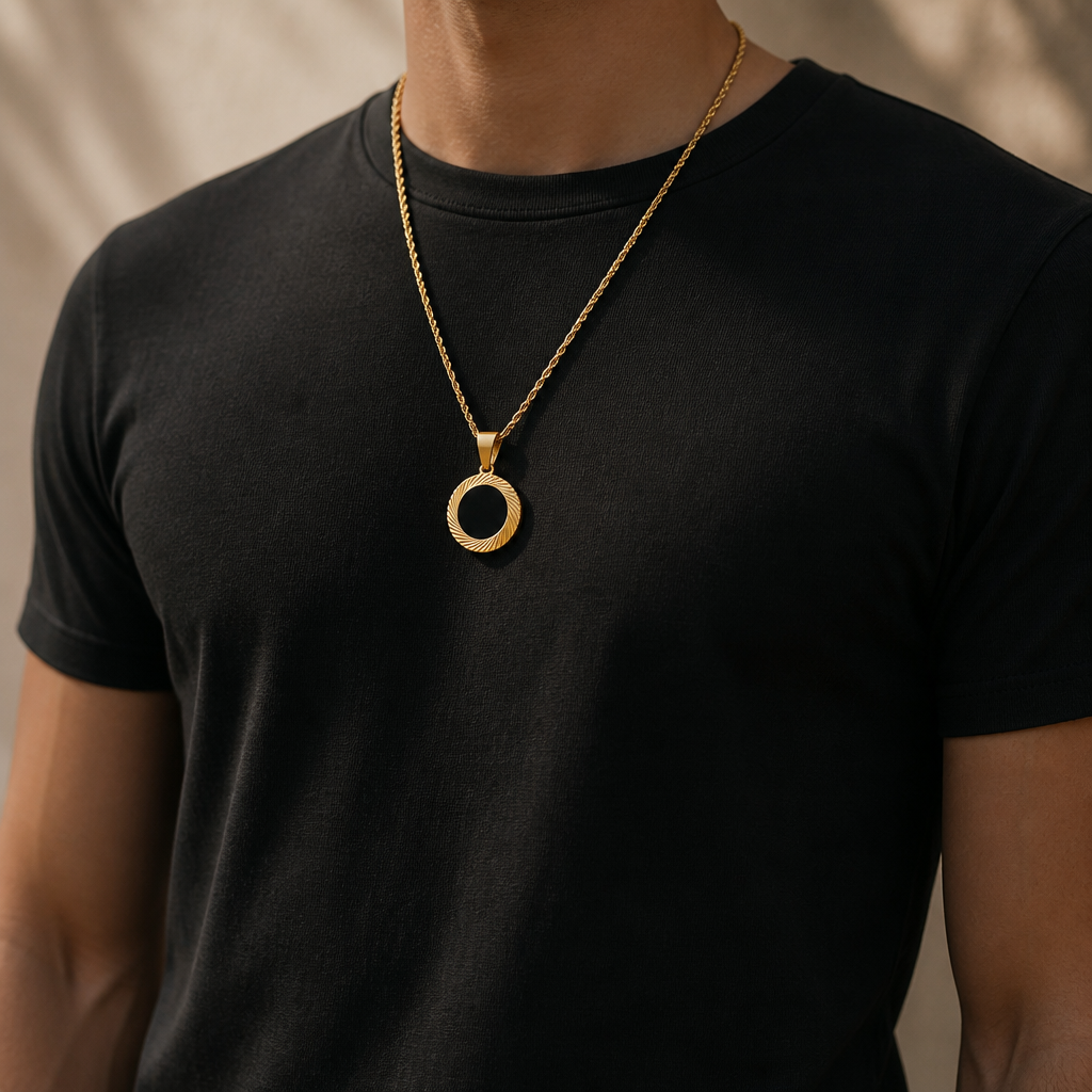 collier homme pendentif rond or noir porté t-shirt noir