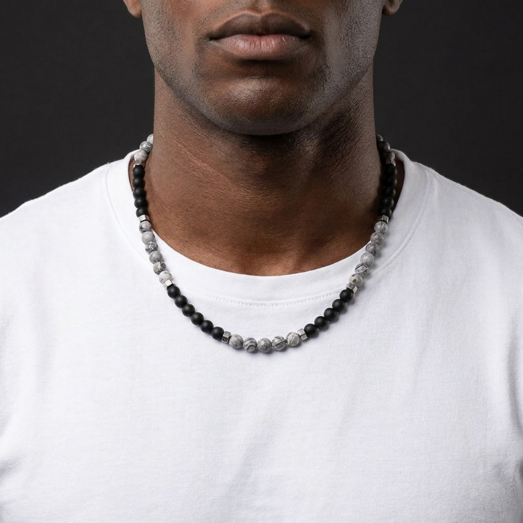 collier en pierres grises et noires pour homme