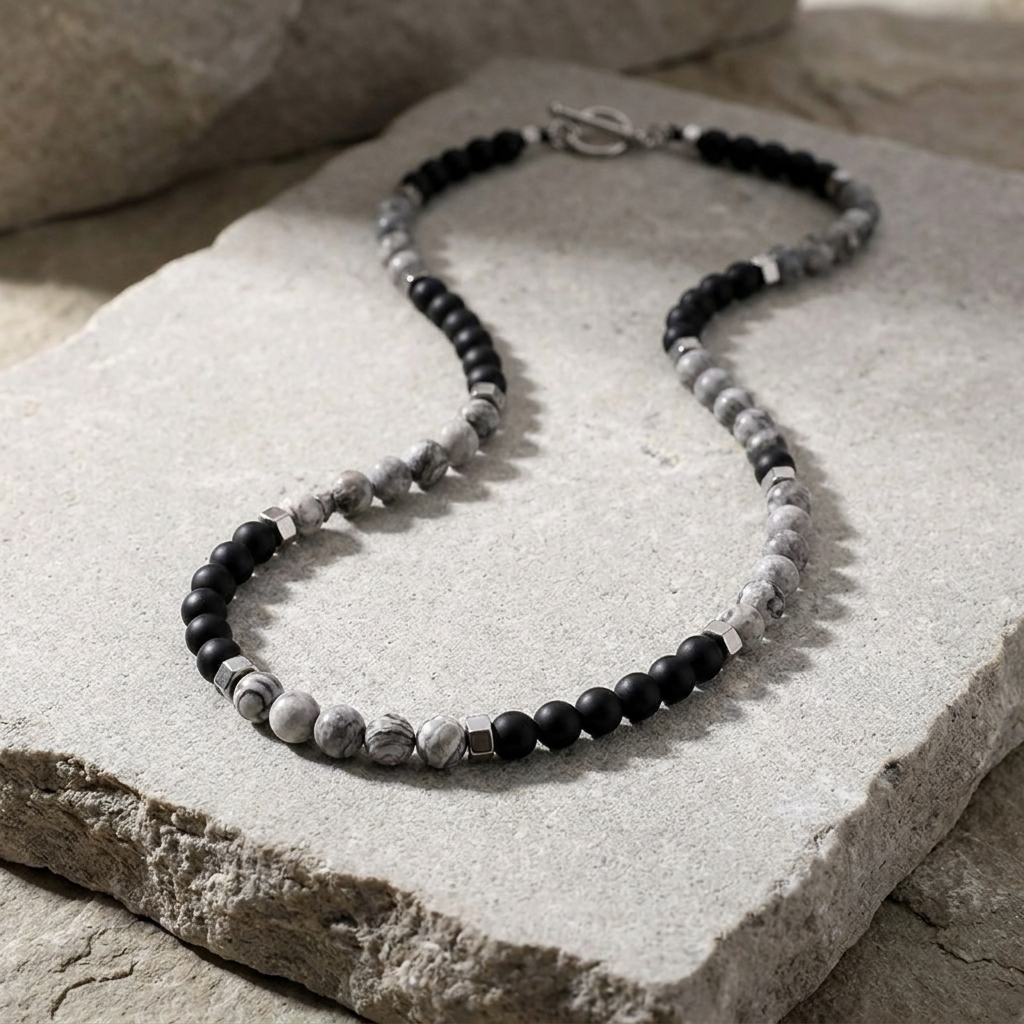collier homme pierres naturelles grises et noires
