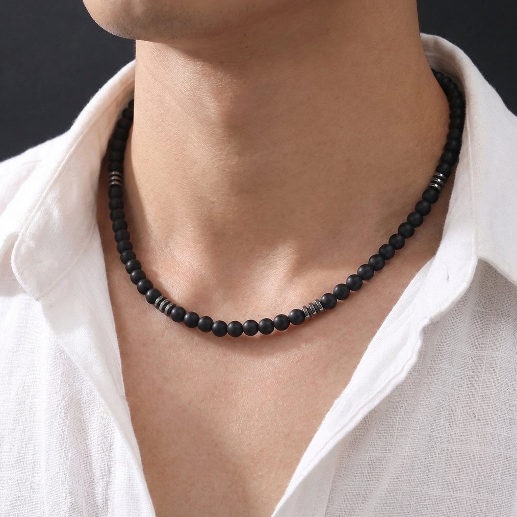 collier perle homme noir pierre synthétique