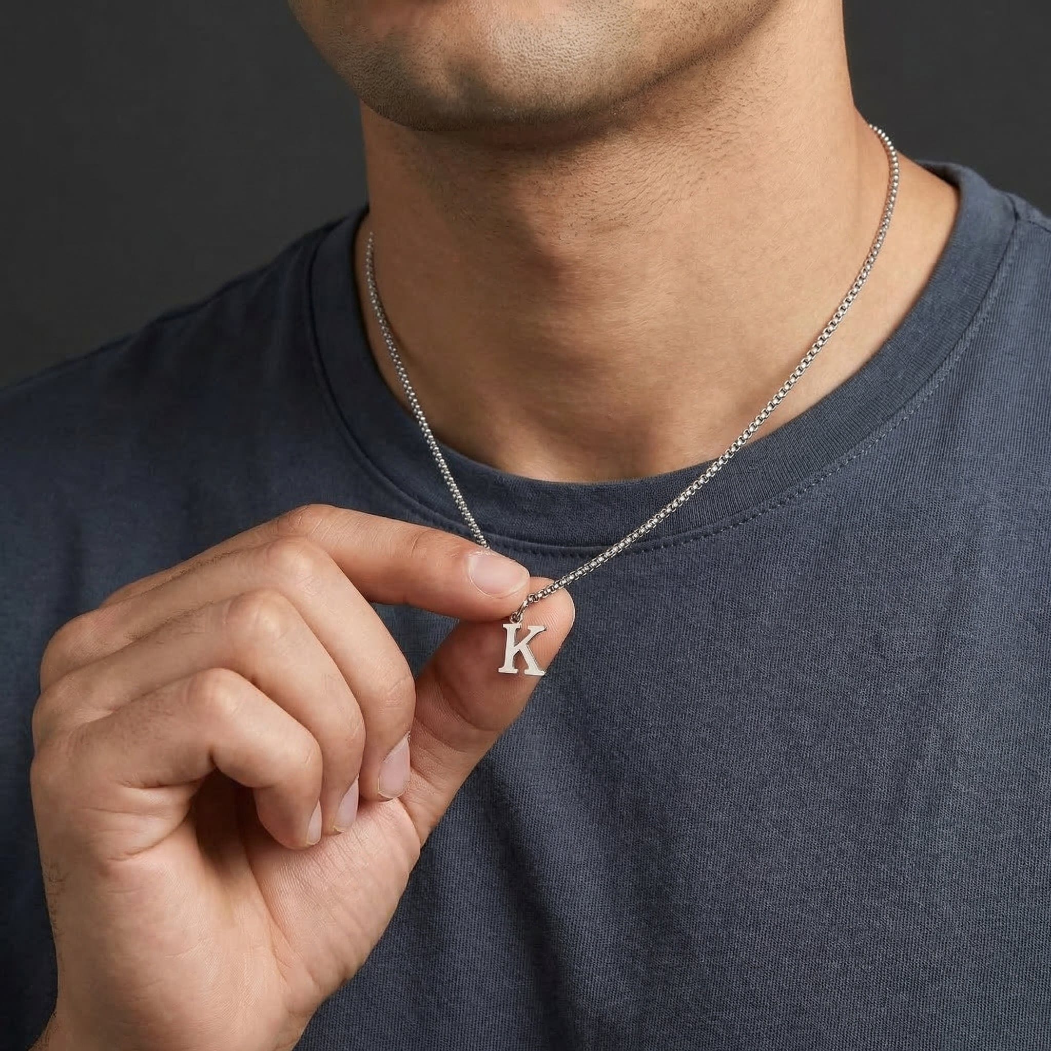 Collier Initiale Homme Pendentif Lettre Acier Argent
