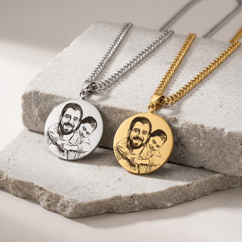 collier homme personnalise medaillon photo or argent acier inoxydable