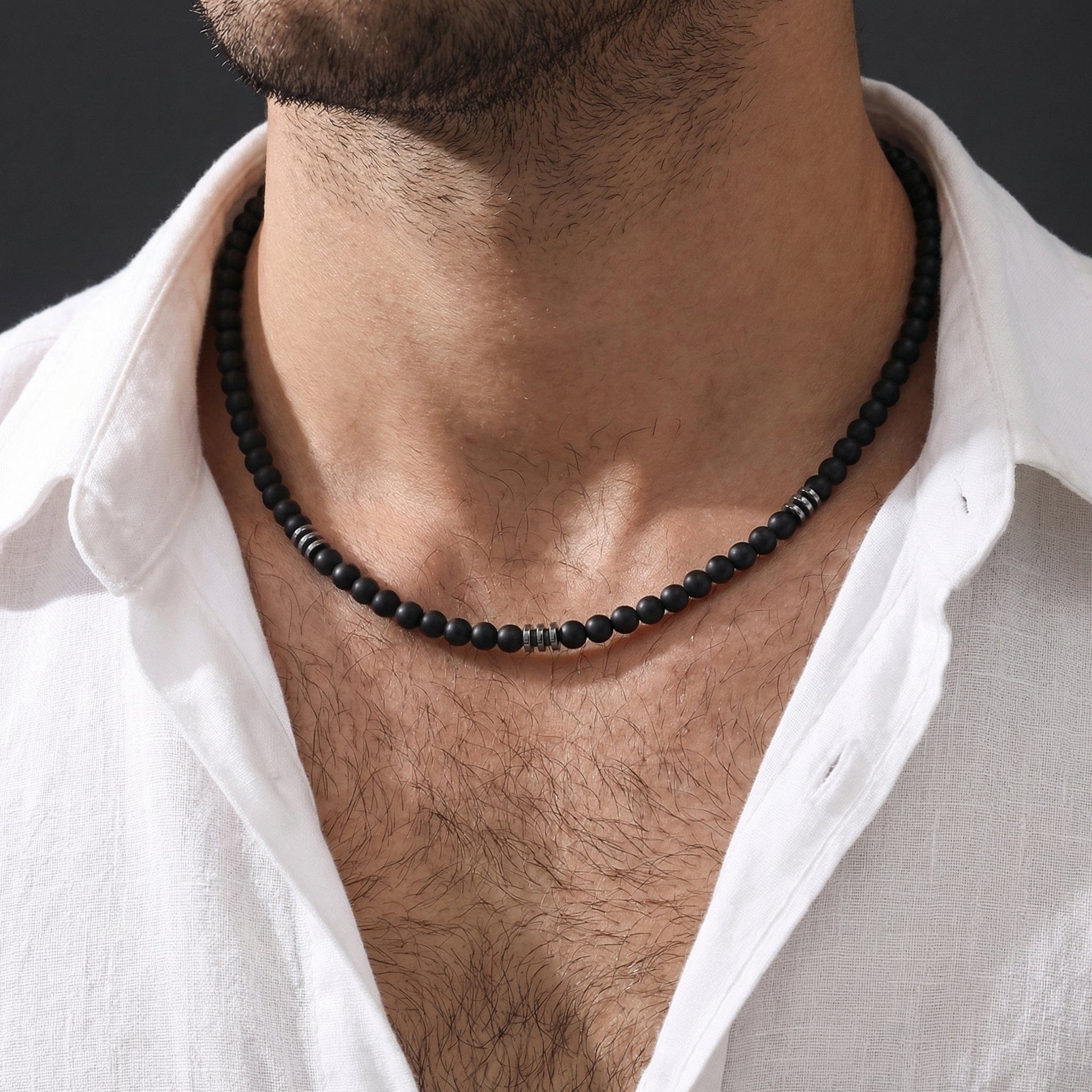 collier perles noires homme acier inoxydable