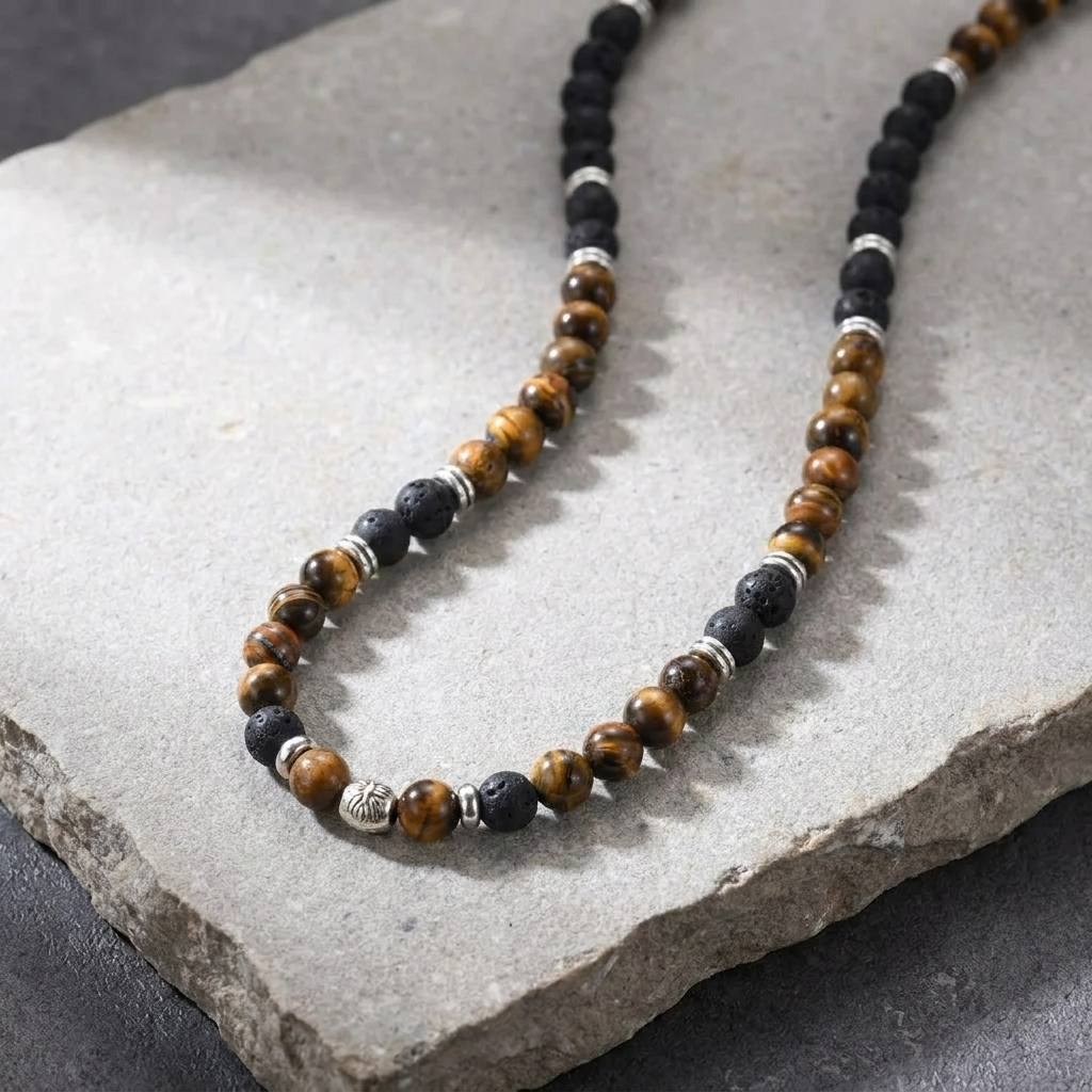 collier homme oeil de tigre et pierre de lave
