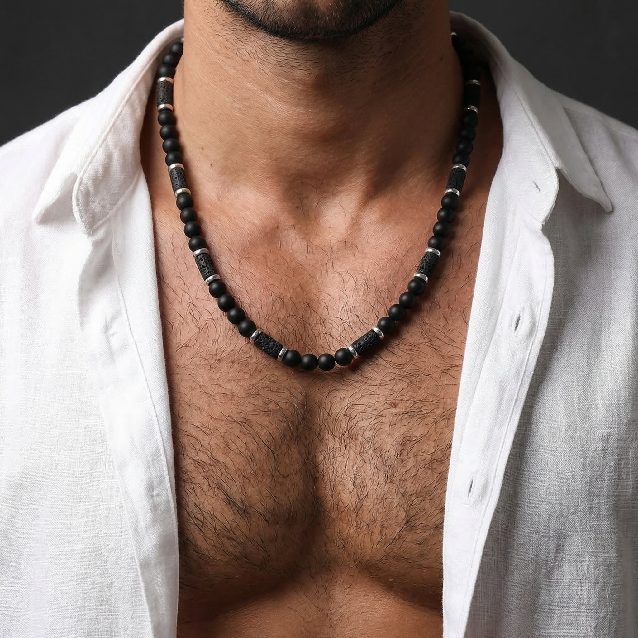 collier perle homme pierre lave porté acier