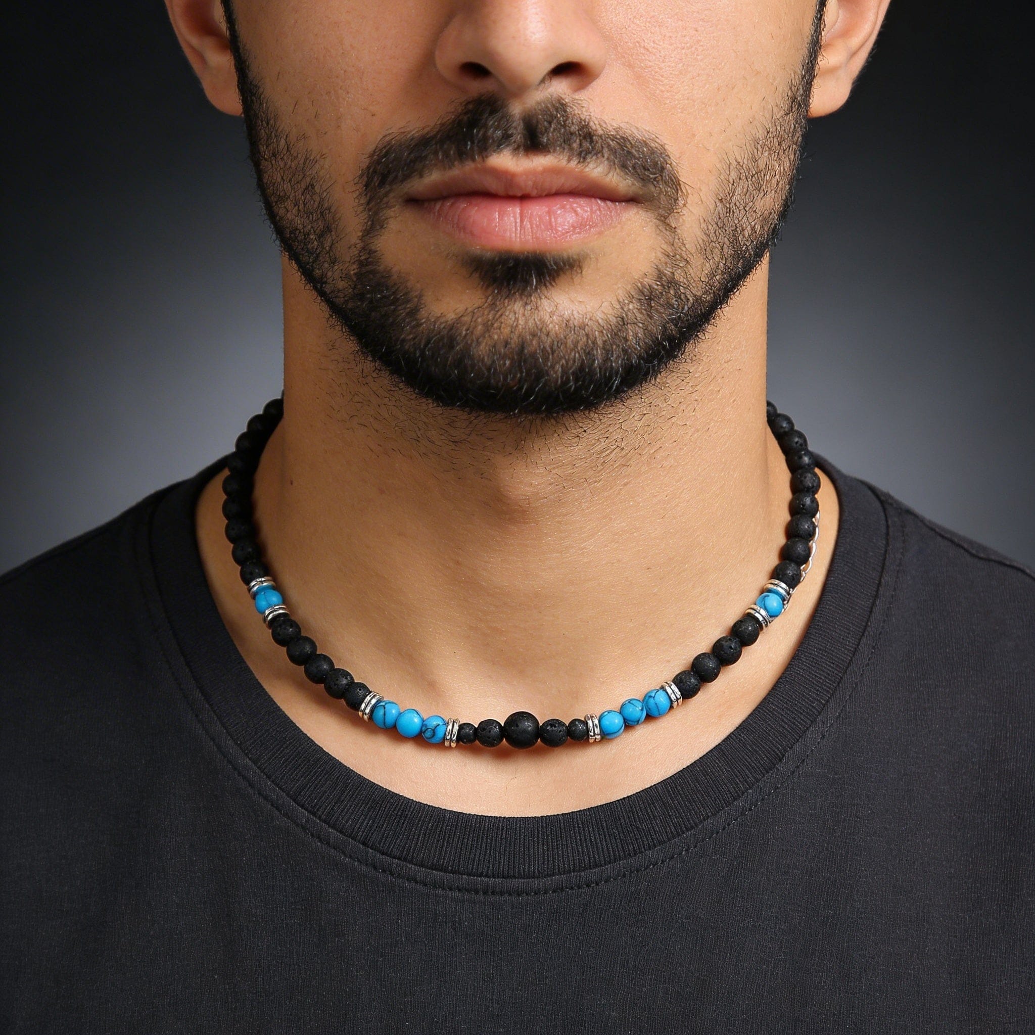 collier homme pierres de lave et perles turquoise
