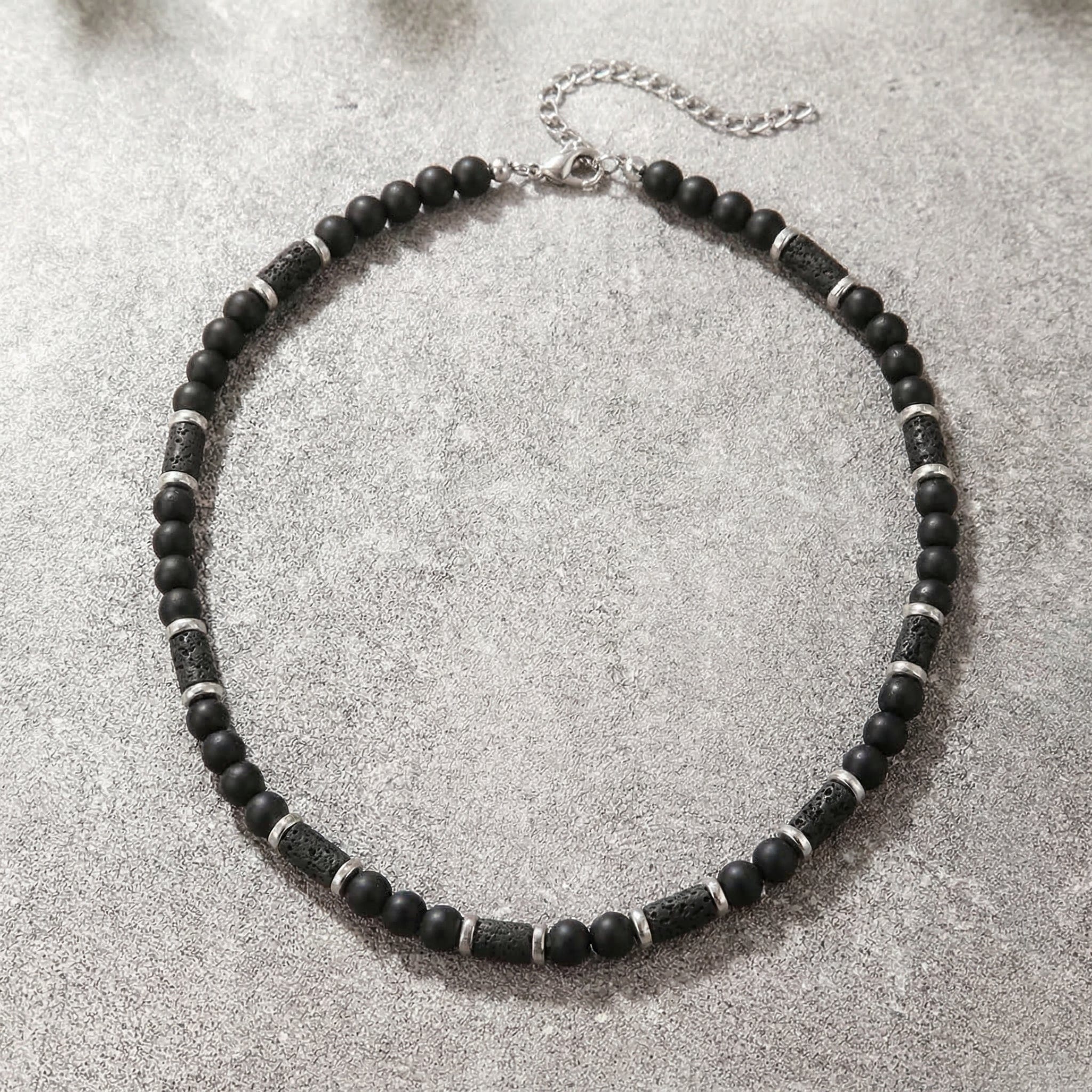 collier perles homme lave acier inoxydable noir