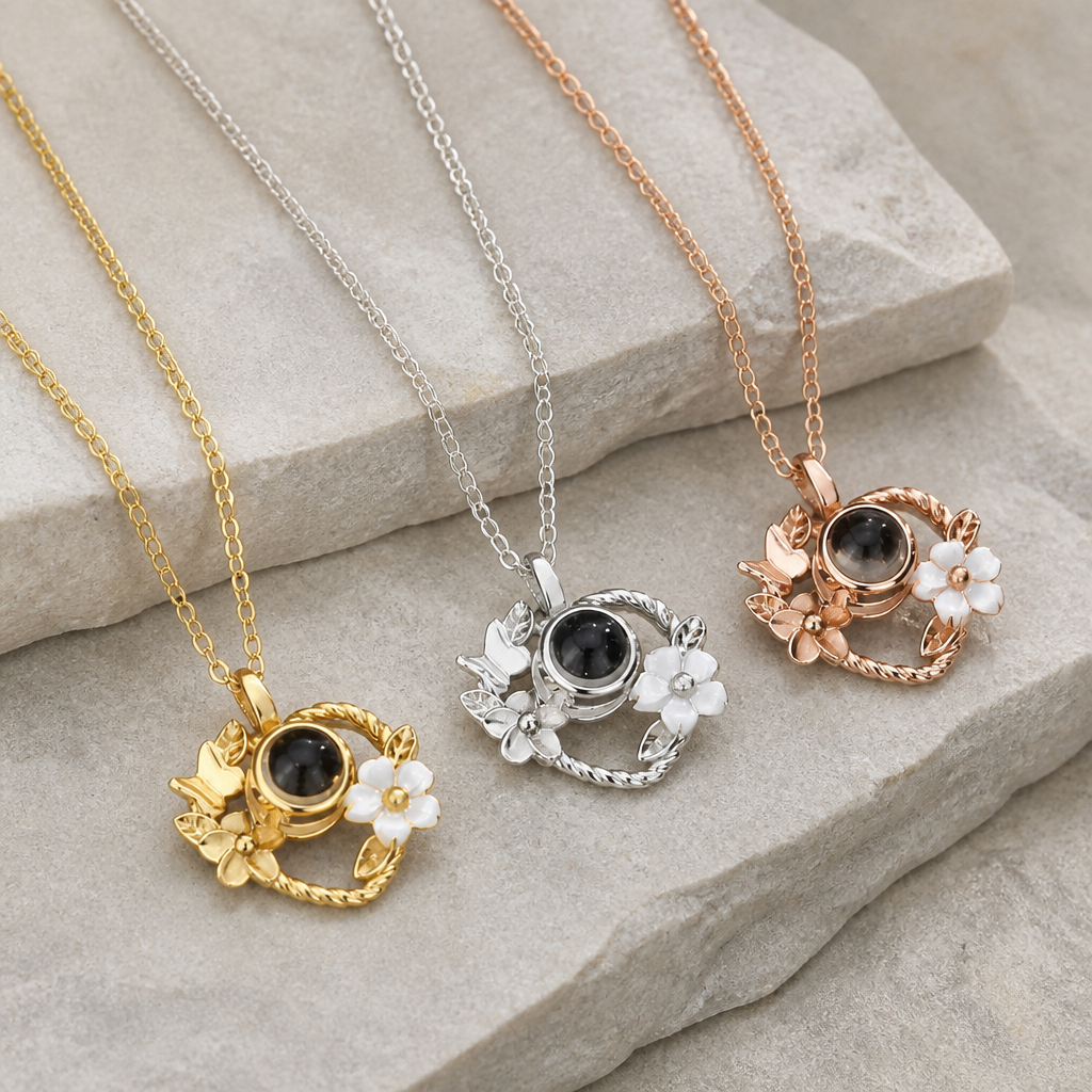 Collier photo cœur fleuri en argent 925, finitions or, argent et or rose