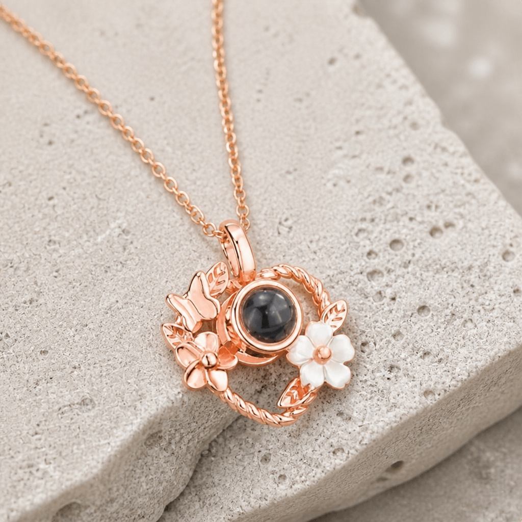 Collier photo cœur fleuri en argent 925, finition or rose