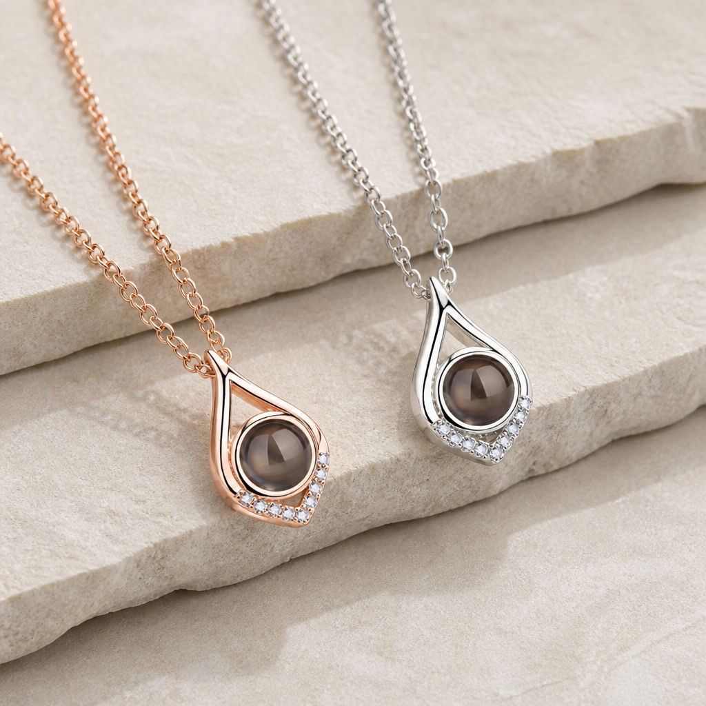 Collier photo personnalisé goutte en argent 925, finitions argent et or rose
