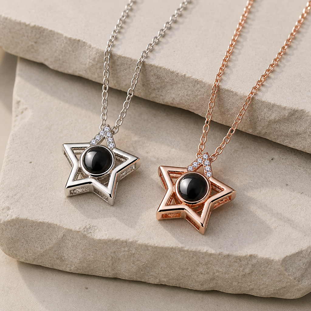 Collier photo projection étoile en argent 925, finitions argent et or rose