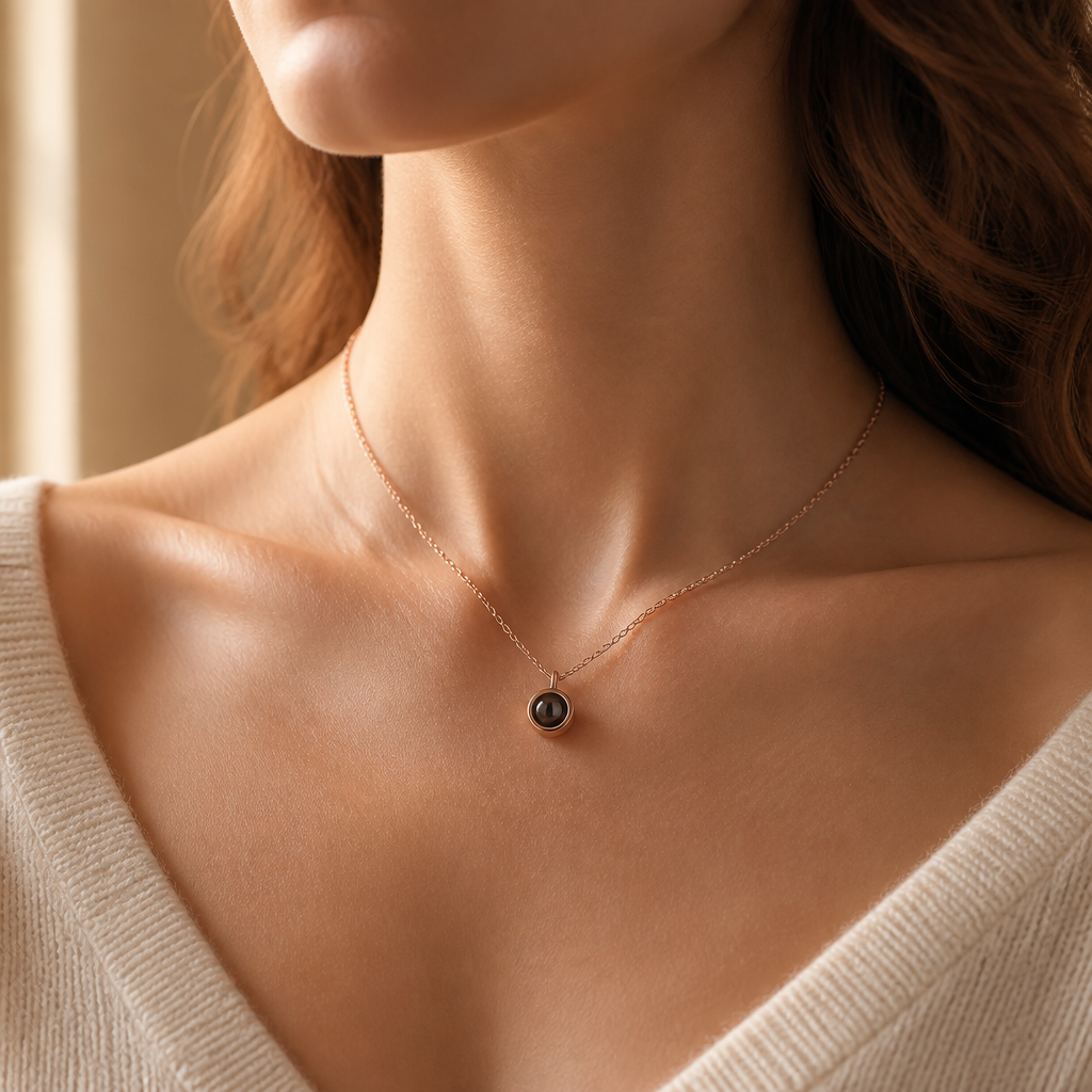 Collier photo projection or rose porté par une femme