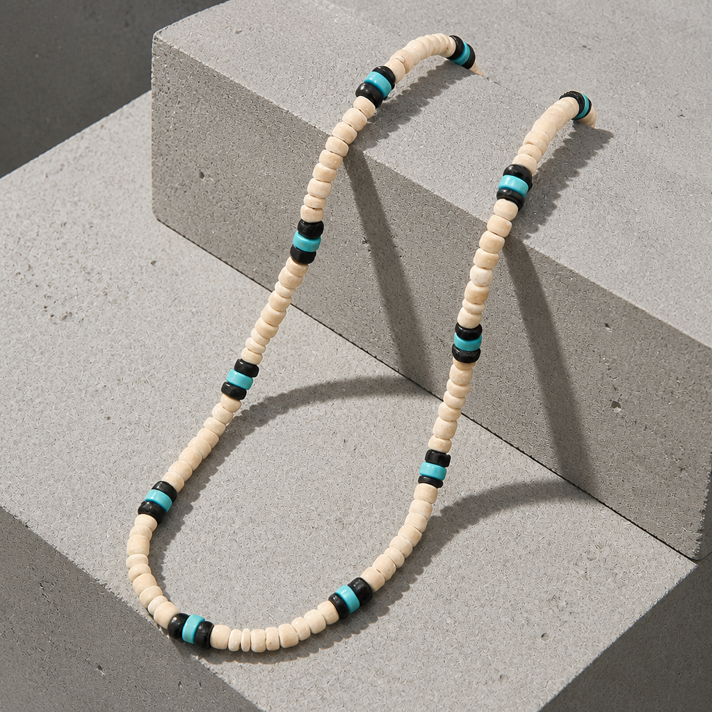 collier surfeur homme perles de bois écru noir et turquoise