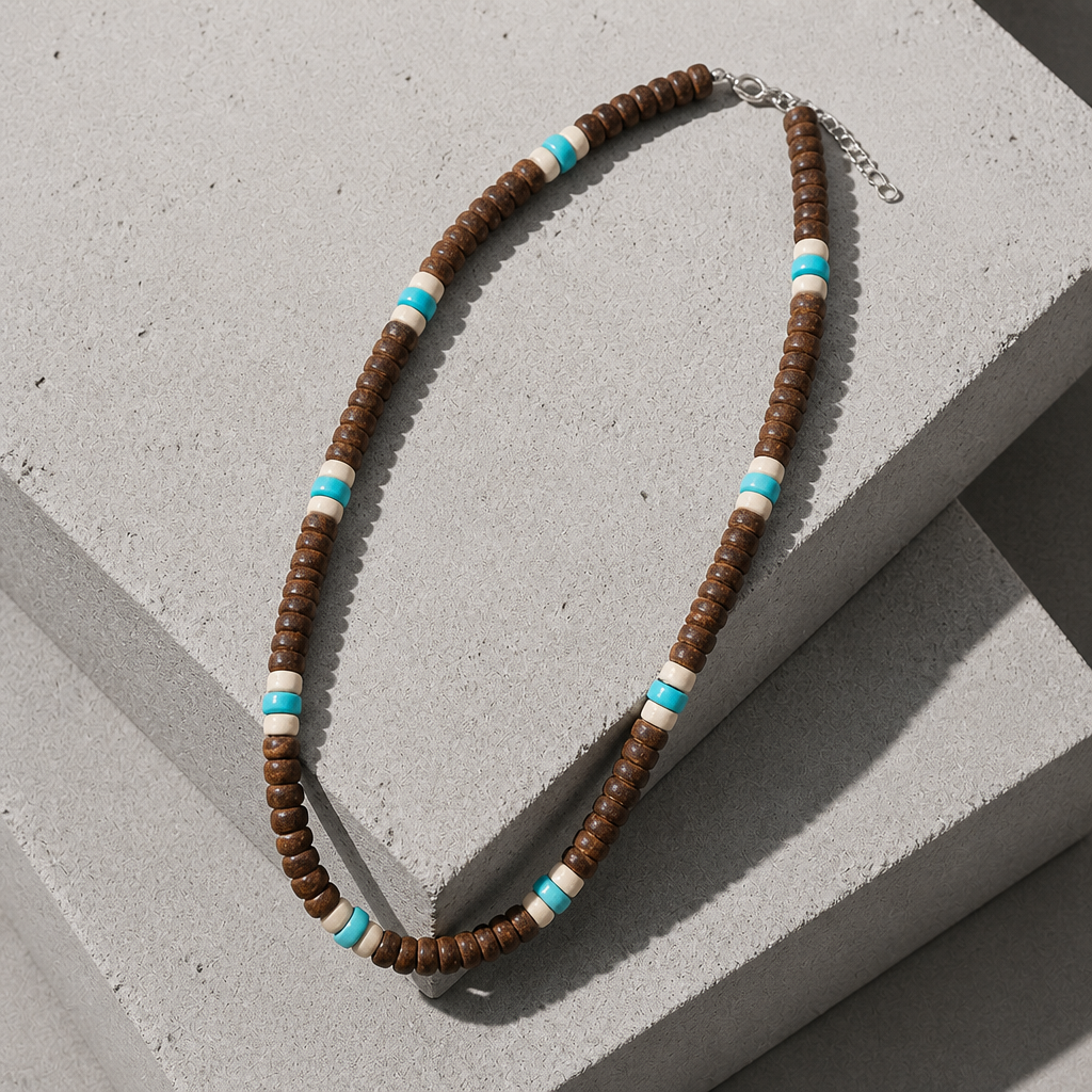 collier homme surfeur perles de bois marron beige turquoise