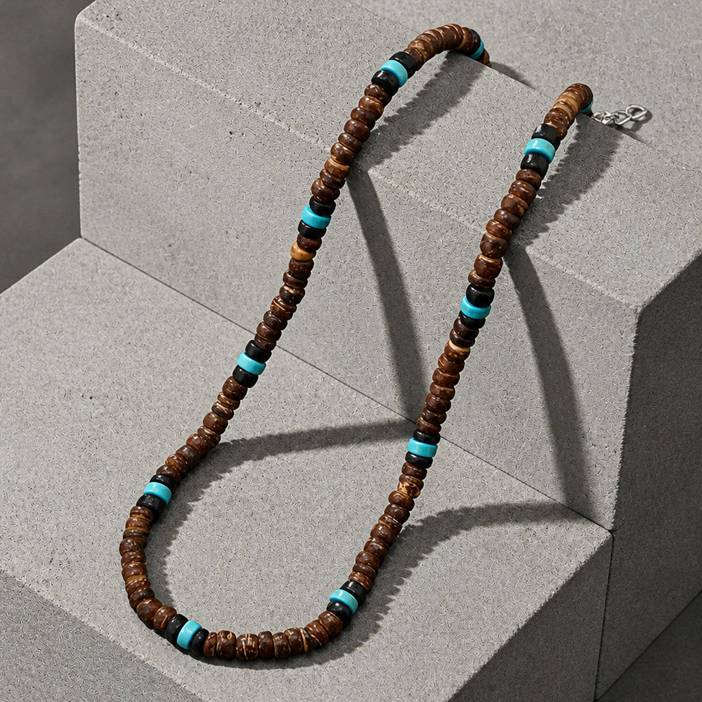 collier surfeur homme perles bois marron noir turquoise