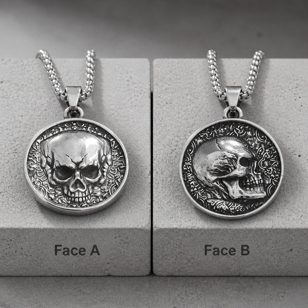collier tête de mort homme médaillon réversible deux faces