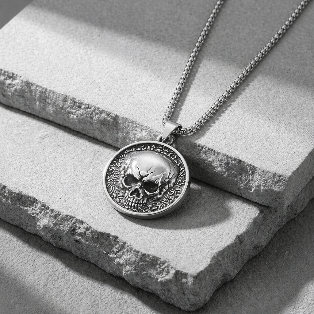 collier tête de mort homme médaillon acier crâne de face