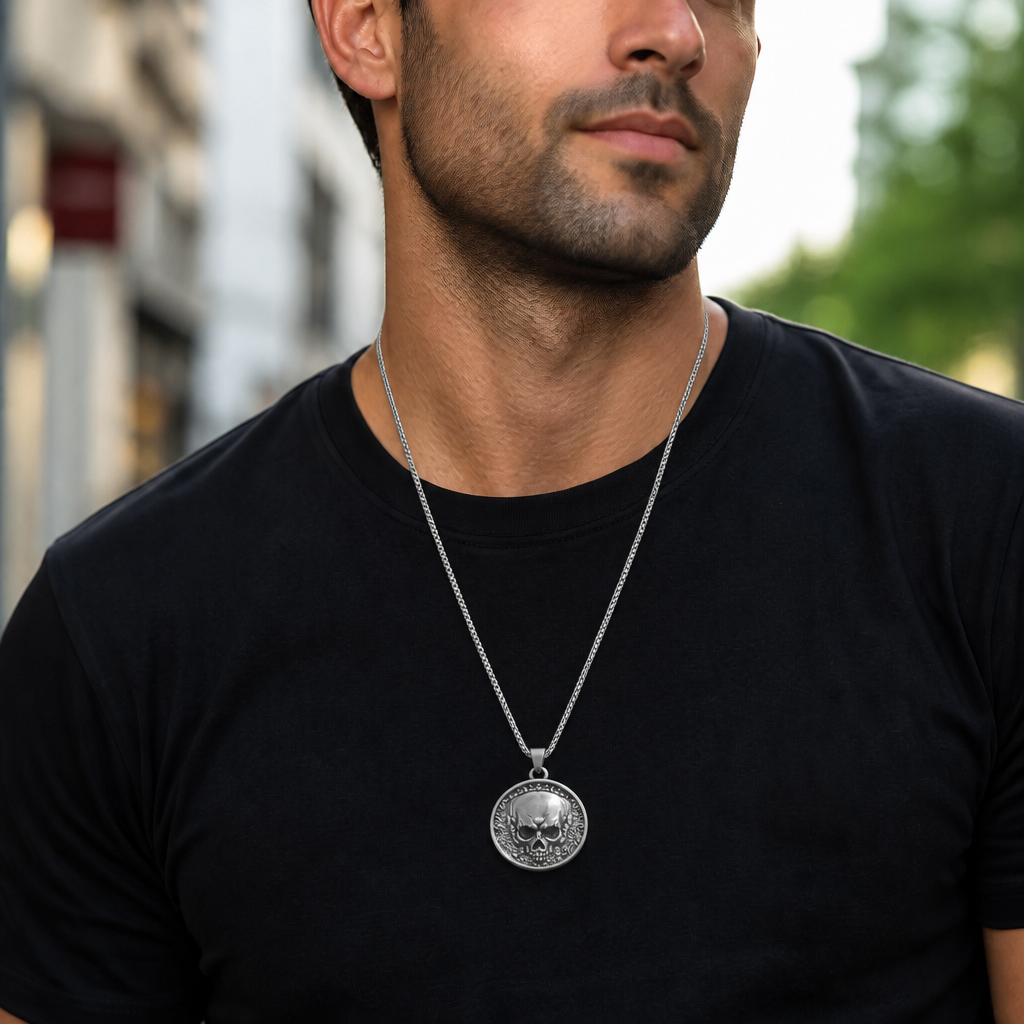 collier tête de mort homme porté médaillon crâne acier