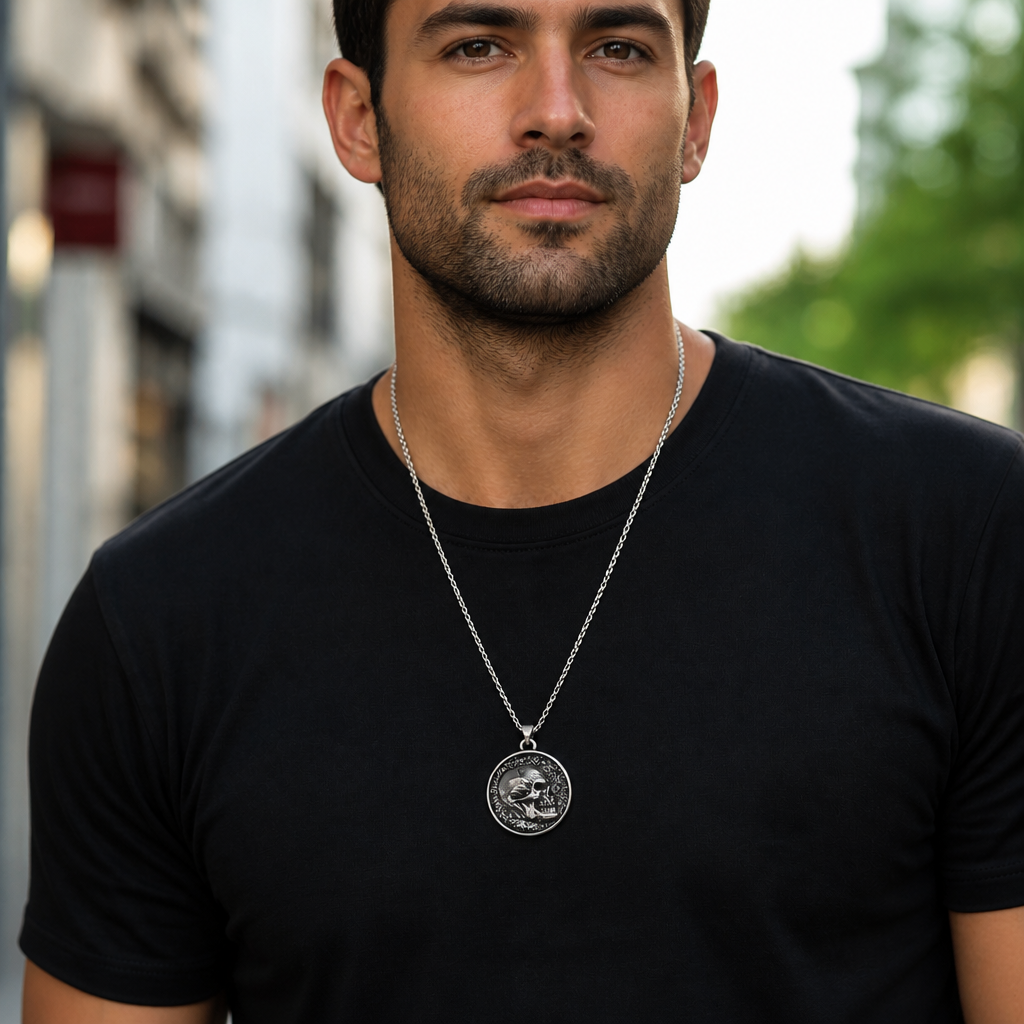 collier tête de mort homme porté médaillon crâne acier
