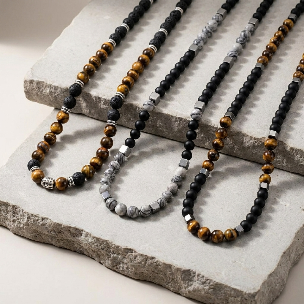 collier oeil de tigre homme pierre naturelle de lave et acier inoxydable