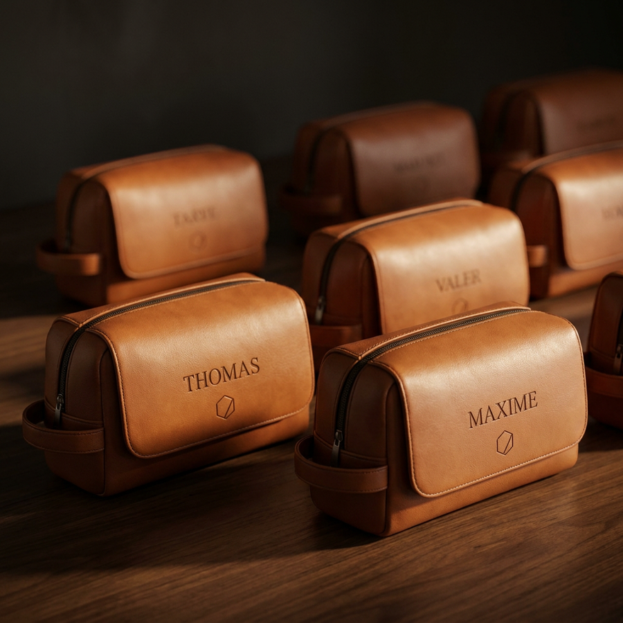 Trousses de toilette en similicuir cognac gravees de prenoms differents, alignees dans leurs coffrets