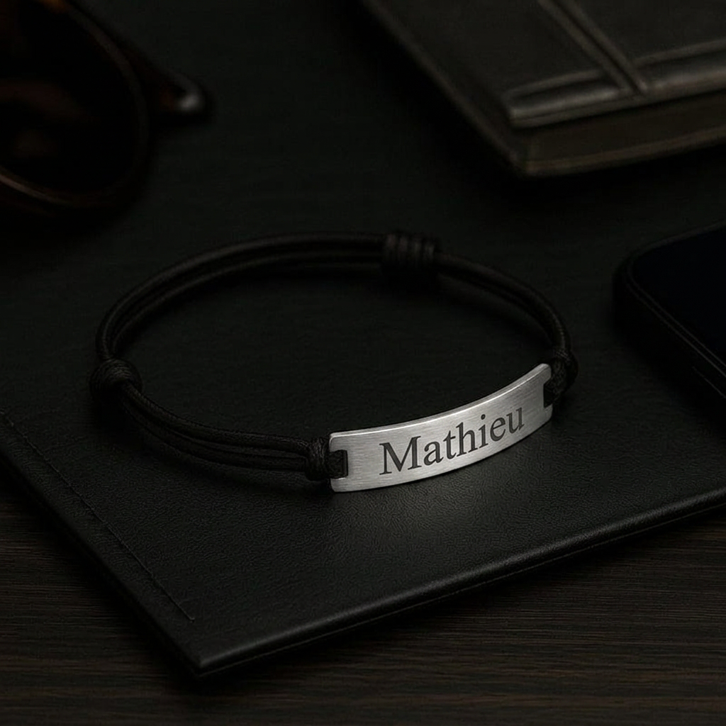 Barrette en acier argent gravée d'un prénom sur cordon bracelet homme noir