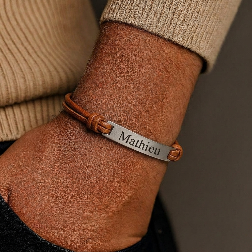 Cordon bracelet homme marron porté au poignet, barrette argent gravée