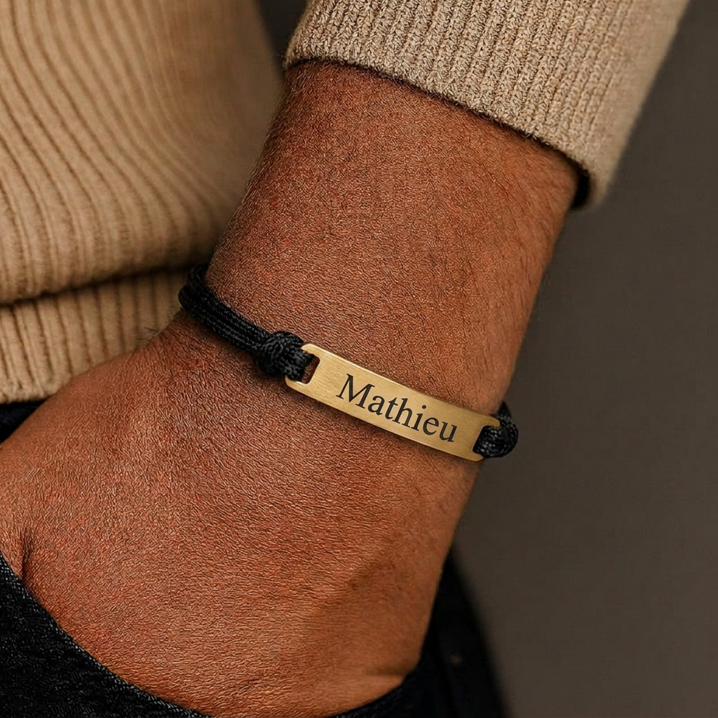 Cordon bracelet homme noir porté au poignet, barrette dorée gravée