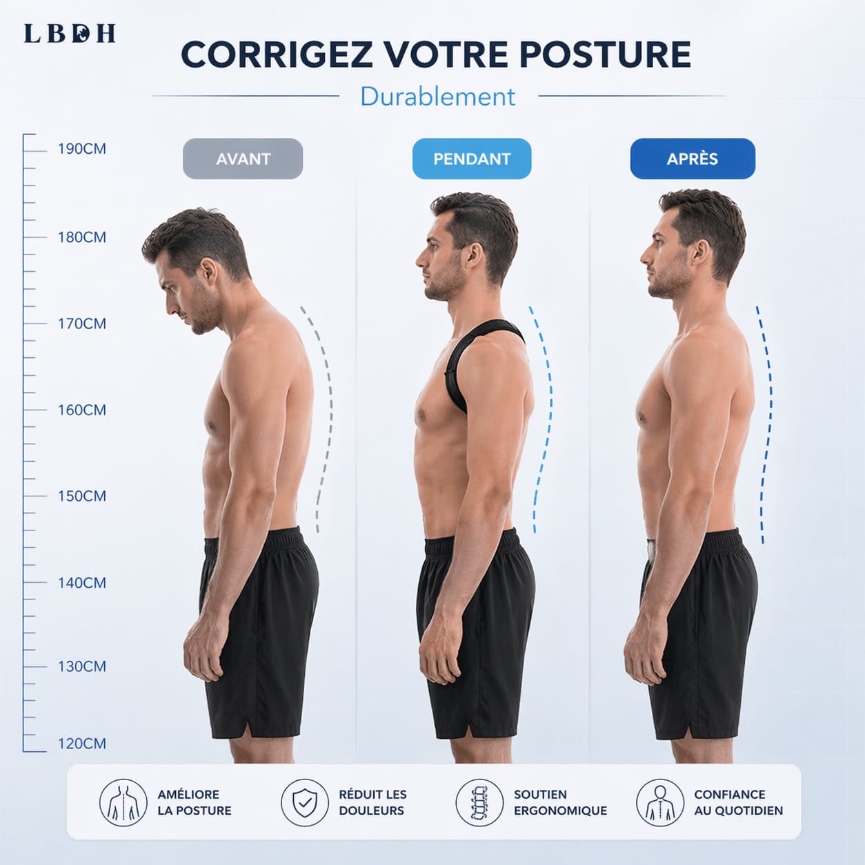 Correcteur de posture homme maintien du dos avant pendant après amélioration de la posture