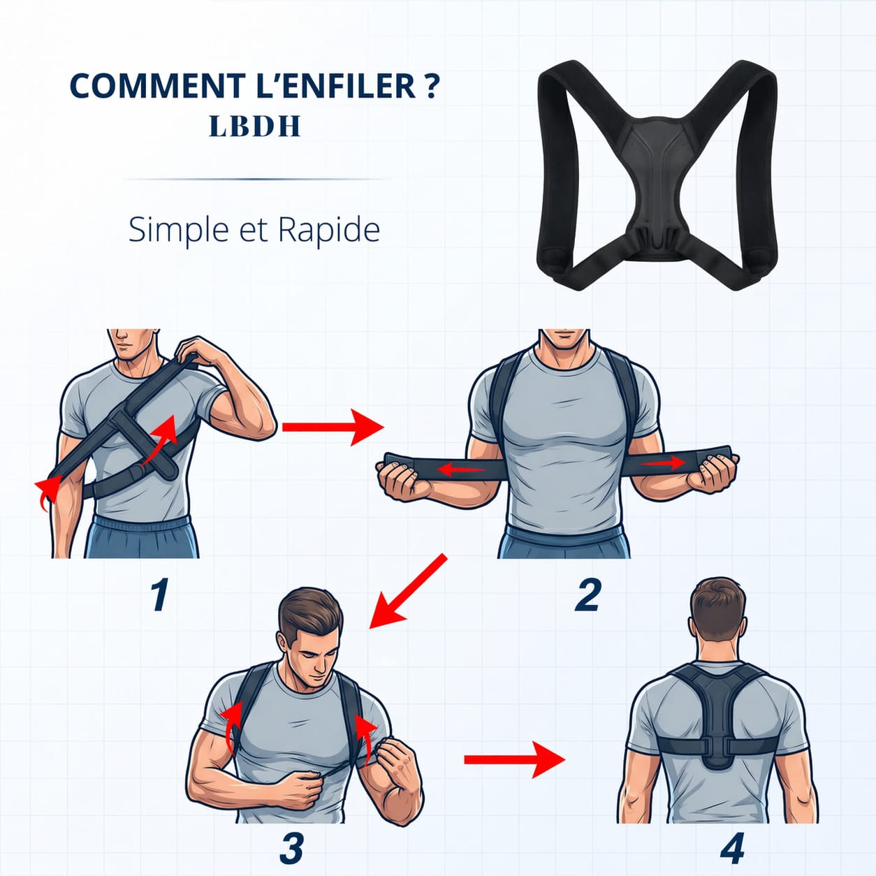 Correcteur de posture homme guide d'enfilage en 4 étapes pour un maintien du dos