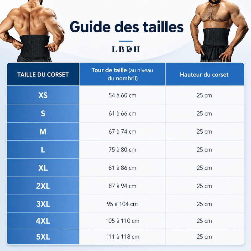 Guide des tailles corset homme ventre plat XS au 5XL avec tour de taille