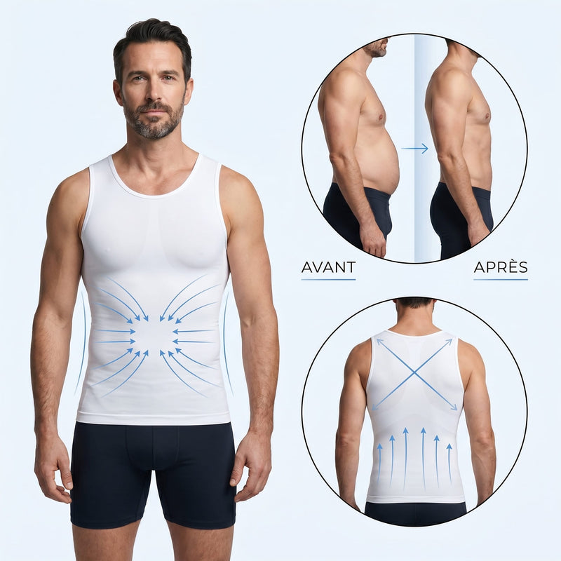 Tee-shirt amincissant homme blanc, comparaison avant après avec effet compression ventre plat et posture redressée