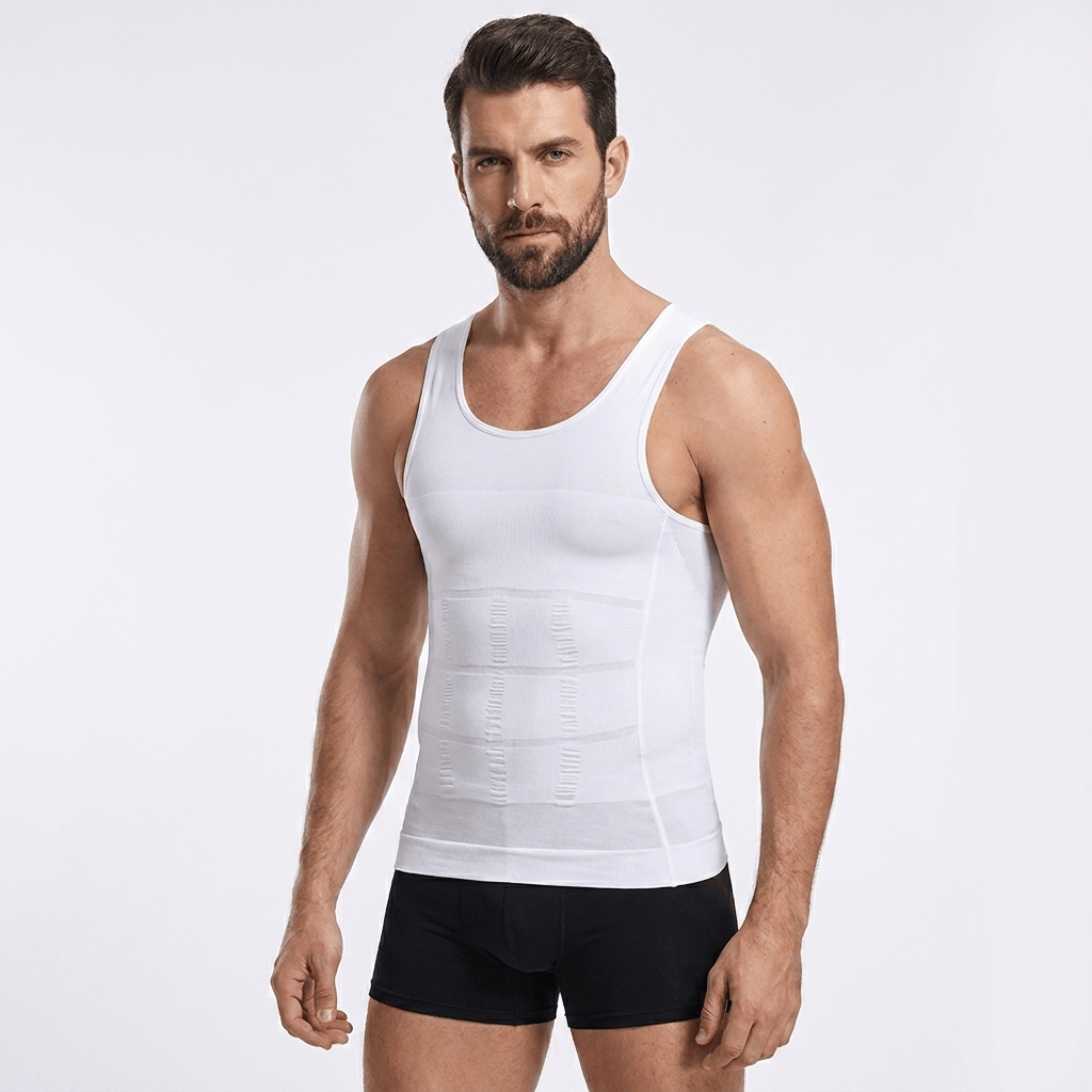 Tee-shirt amincissant homme blanc avec compression gainante affinant la silhouette